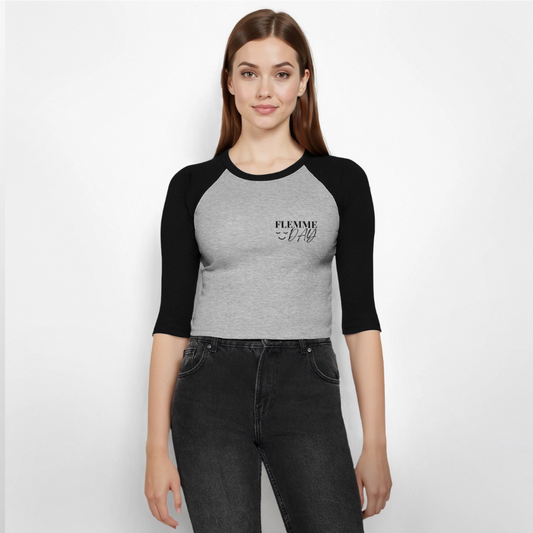 Cropped Women Baby Tee with 3/4 Sleeves - heather grey/black